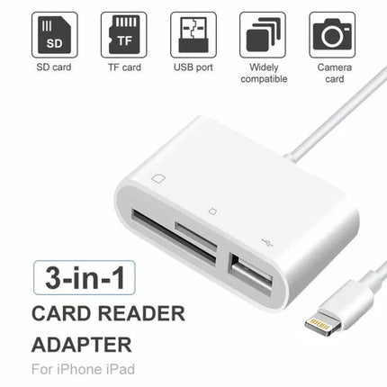 Essential Adapter for Daily Photo Transfers from Cameras to iPhone — 3-in-1 SD/TF card reader and USB port for iPhone iPad