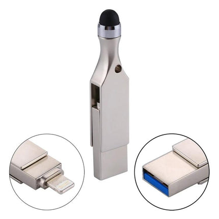 USB Flash Drive and Stylus for Daily Device Storage – silver 2-in-1 lightning/USB-A drive with stylus tip for iPhone, Android, PC backup and file transfer