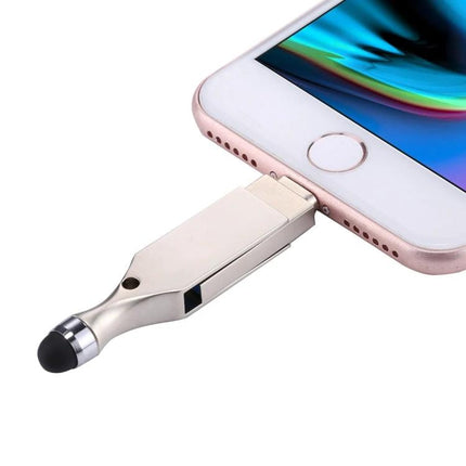USB Flash Drive and Stylus for Daily Device Storage - compact metal 2-in-1 USB flash drive and stylus plugged into iPhone for file backup and touch input