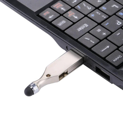 USB Flash Drive and Stylus for Daily Device Storage plugged into laptop USB port showing metal drive with rubber stylus tip, portable backup and transfer tool