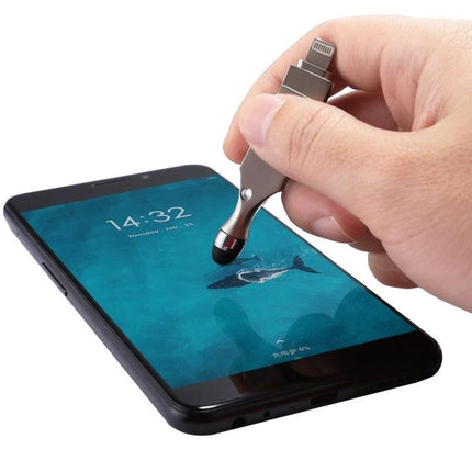 USB Flash Drive and Stylus for Daily Device Storage - hand uses stylus tip on smartphone screen, dual USB storage and touchscreen pen for iPhone PC Android
