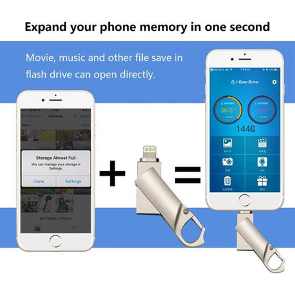 Keychain Flash Drive for Everyday Data Backup and Transfer - compact lightning/USB stick shown expanding phone memory and transferring photos