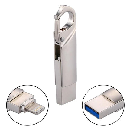 Keychain Flash Drive for Everyday Phone and Computer Storage - compact 2-in-1 metal USB and Lightning drive for backing up photos and sharing files