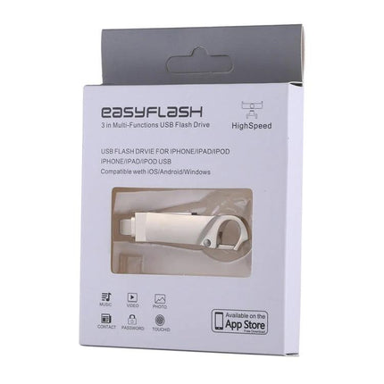 Keychain Flash Drive for Everyday Phone and Computer Storage - compact 2-in-1 white USB and iPhone flash drive in retail packaging