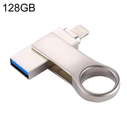 USB Flash Drive for iPhone and PC File Transfers showing 128GB metal swivel drive with Lightning and USB-A connectors