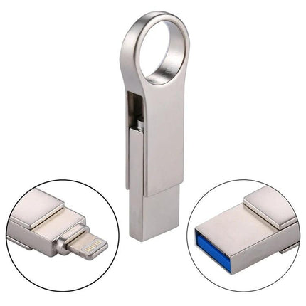 Silver metal USB Flash Drive for iPhone and PC File Transfers with Lightning and USB-A connectors for photo backup and file encryption