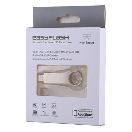 USB Flash Drive for iPhone and PC File Transfers - white EasyFlash packaged dual‑connector drive for photos, backup and secure file transfer