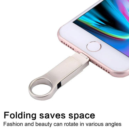 USB Flash Drive for iPhone and PC File Transfers connected to iPhone showing compact folding metal design for photo backup and file transfer