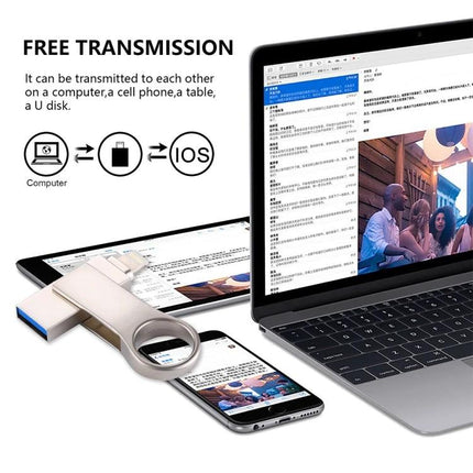 USB Flash Drive for iPhone and PC File Transfers plugged into iPhone and laptop showing photo and file transfer interface