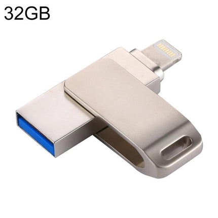 Versatile Flash Drive for Daily Data Backup and File Transfer showing 32GB 2-in-1 USB and Lightning connector for iPhone, Android, PC