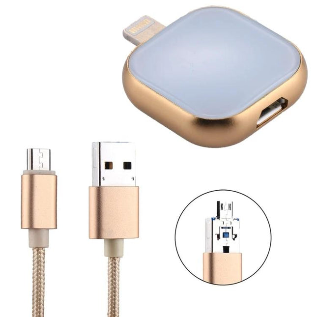Flash Drive for iPhone Data Storage and Everyday Backup - compact gold iPhone flash drive and USB cable for photos, videos, contacts backup