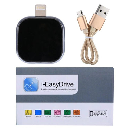 Essential iPhone Flash Drive for Everyday File Storage and Backup - compact i-EasyDrive with lightning connector, USB cable and manual for photo and file backup