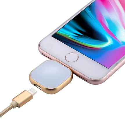 Compact Flash Drive for Daily iPhone Data Backup and Storage - small gold flash drive connected to iPhone for photos, contacts and media backup