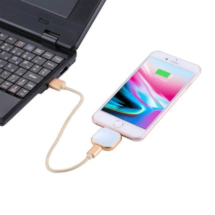 Compact Flash Drive for Daily iPhone Data Backup and Storage - rose gold flash drive connected between iPhone and laptop for backup and charging