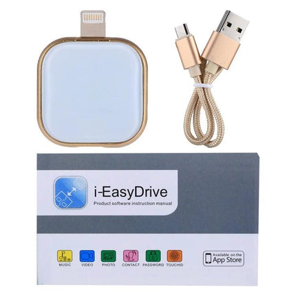 Compact Flash Drive for Daily iPhone Data Backup and Storage - gold i-EasyDrive with Lightning connector, USB cable and user manual
