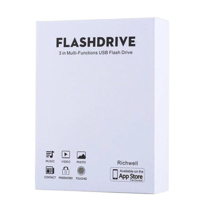 Compact Flash Drive for Daily iPhone Data Backup and Storage – white retail box showing features and App Store icon