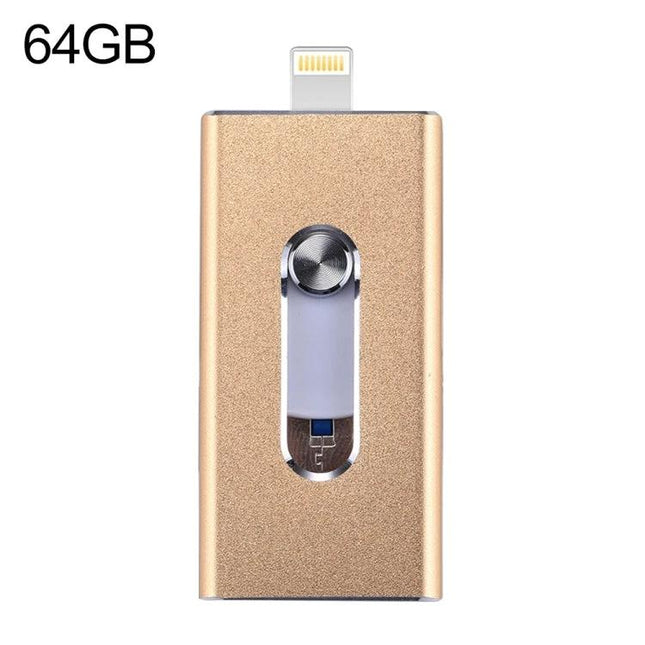 Flash Drive for Storing Everyday Files and Photos on the Go - 64GB gold dual‑connector USB and Lightning for iPhone, Android, and PC