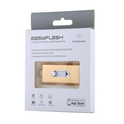 Flash Drive for Storing Everyday Files and Photos on the Go - gold EasyFlash multi‑device USB flash drive in retail packaging