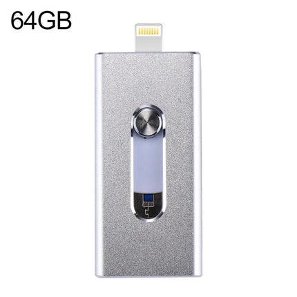 Compact Flash Drive for Everyday Phone and Computer Use - 64GB silver dual lightning and USB connector for iPhone, Android, and PC file transfer