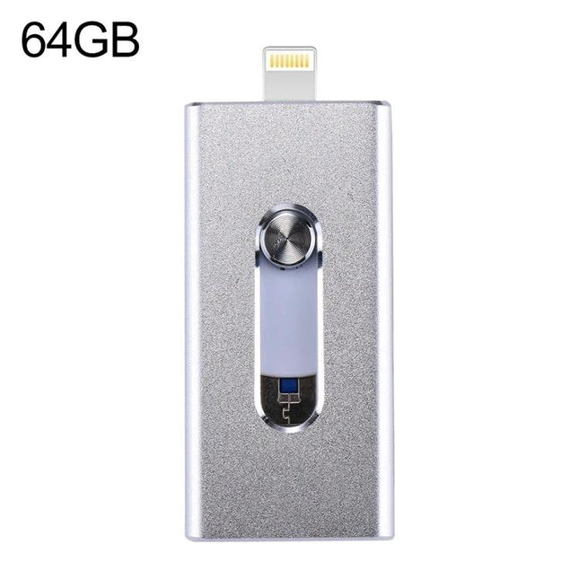 Compact Flash Drive for Everyday Phone and Computer Use - 64GB silver dual lightning and USB connector for iPhone, Android, and PC file transfer