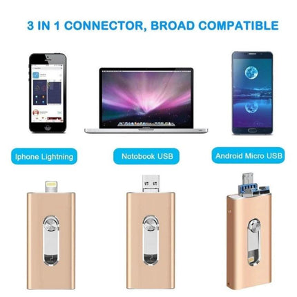 Practical Flash Drive for Daily File Storage and Transfer - 3-in-1 lightning, USB, micro USB drive for iPhone, Android and PC backups