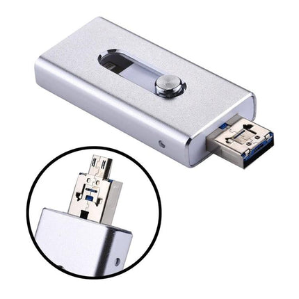 Compact Flash Drive for Everyday File Storage on Devices — silver dual USB/USB‑C plug-and-play flash drive for iPhone Android PC backups