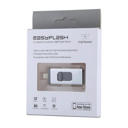 EasyFlash Flash Drive for Everyday Digital File Storage - silver multi-device USB flash drive in retail packaging compatible with iPhone Android PC