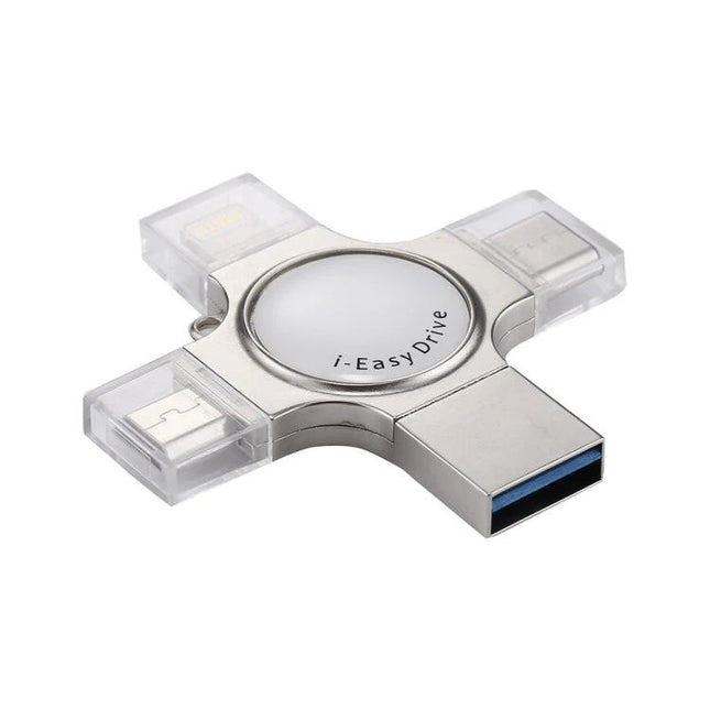 USB Flash Drive for Everyday File Backup and Transfer compact cross-shaped metal USB with multi-device connectors for iPhone Android and PC