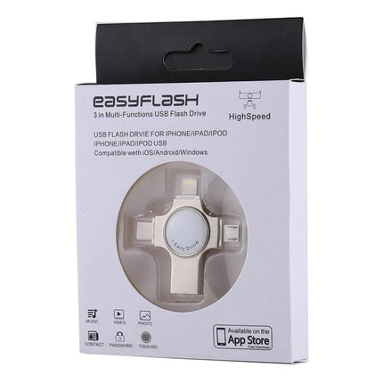 USB Flash Drive for Everyday File Backup and Transfer - easyflash multi‑function 3‑in‑1 USB drive packaging showing Lightning, USB-C, and USB-A connectors