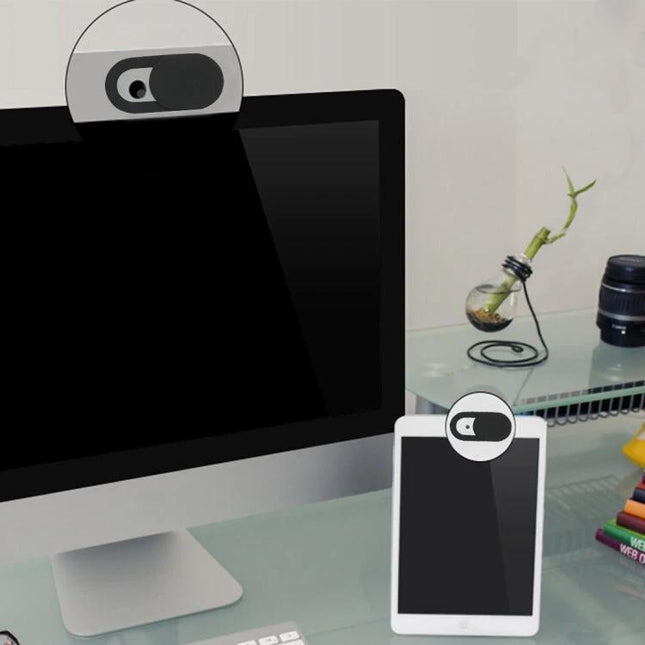 Webcam Privacy Cover for Laptops, Tablets, and Phones on desktop monitor and tablet showing ultra-thin slide-over camera shield