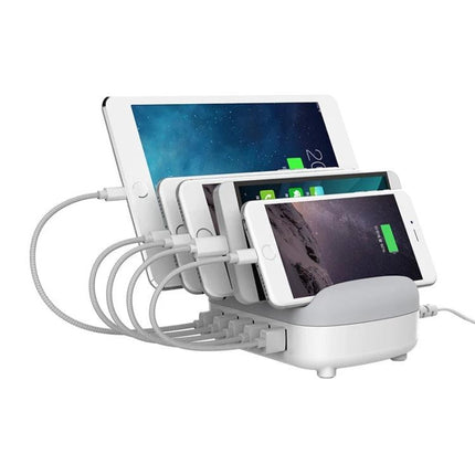 ORICO Charging Station for Daily Home Device Organization showing multiple phones and a tablet charging neatly on a white dock