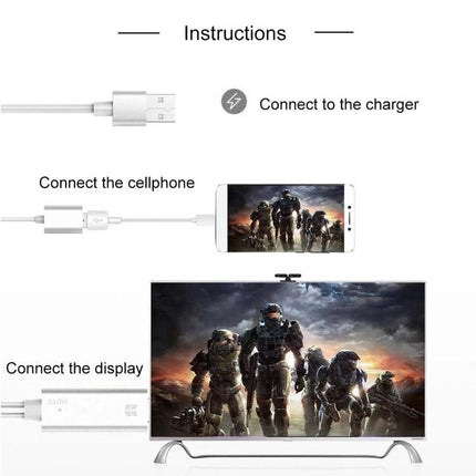 Convert Phone Videos to Home TV Display Easily - HDMI converter showing phone connected to charger and TV with game video