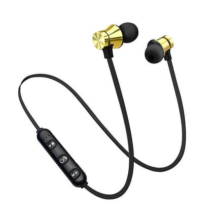 Magnetic Wireless In Ear Earphones For Commuting And Gym Use showing gold magnetic earbuds with inline controls and tangle-free flat cable