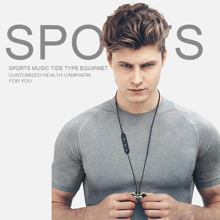 Magnetic Wireless In Ear Earphones For Commuting And Gym Use showing a man in gym shirt snapping magnetic earbuds together