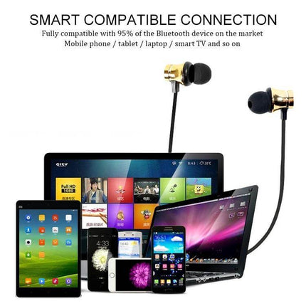 Magnetic Wireless In Ear Earphones For Commuting And Gym Use showing gold earbuds with devices demonstrating Bluetooth dual-device pairing