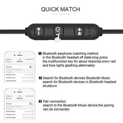 Magnetic Wireless In Ear Earphones For Commuting And Gym Use showing inline control buttons, Bluetooth pairing steps and phone screens