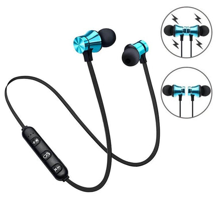 Magnetic Wireless In Ear Earphones For Commuting And Gym Use with snap-together magnetic earbuds and inline controls, blue
