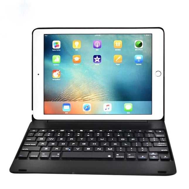 Bluetooth Keyboard and Protective Case for iPad Pro 9.7 Inch shown with iPad in typing mode, slim black case and wireless keys