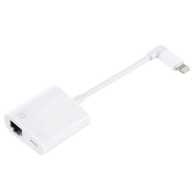 Essential Adapter for Daily Device Connectivity and Charging - white Lightning to RJ45 Ethernet and charging passthrough adapter