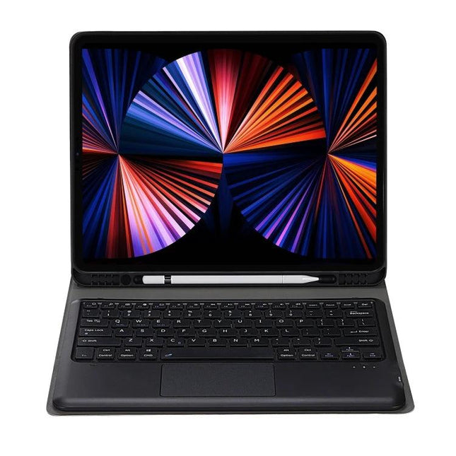 Bluetooth Keyboard Case with Touchpad for iPad Air 13 and Pro 12.9 shown attached to iPad with touchpad, backlit keys and pencil holder