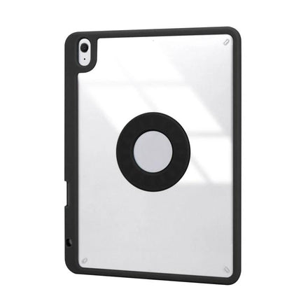 Leather Bluetooth Keyboard Case with Pen Slot for iPad 10.2 shown from back with clear panel and rotating ring, durable protective shell