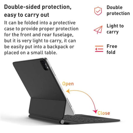 Bluetooth Keyboard Leather Case for iPad Pro 11-Inch shown protecting iPad with foldable stand and integrated keyboard for typing on the go