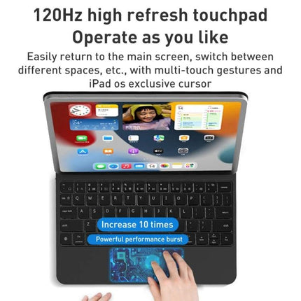 Bluetooth Keyboard Leather Case for iPad Pro 11-Inch showing iPad in case with 120Hz touchpad and integrated keyboard for typing on the go