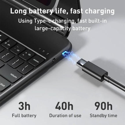 Bluetooth Keyboard Leather Case for iPad Pro 11-Inch showing Type-C fast charging cable connected and battery life icons (3h full charge, 40h use, 90h standby)