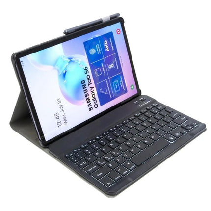 Detachable Backlit Bluetooth Keyboard Case for Samsung Galaxy Tab S6 10.5 Inch shown with tablet in typing position and detachable backlit keyboard