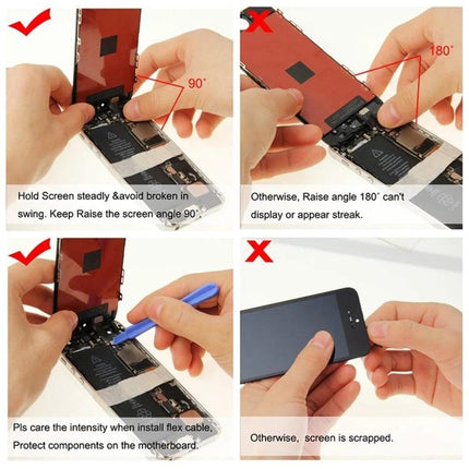 iPhone SE Replacement Screen for Daily Communication - instructional installation guide showing correct 90° angle and flex cable handling