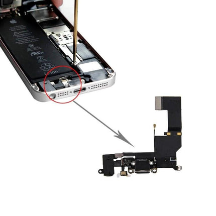 iPhone SE Charging and Audio Flex Cable for Daily Use replacement part shown next to opened iPhone SE highlighting charging port