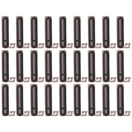 Replacement Mesh Covers for iPhone X Everyday Audio Needs - pack of black earpiece mesh covers laid out in rows