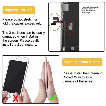 GX Replacement Screen for Daily iPhone X Repairs and Use showing connector caution and correct installation hand placement