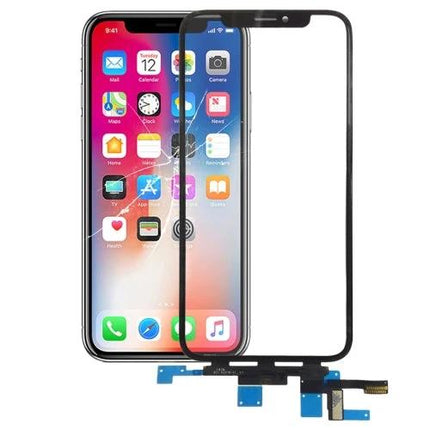 iPhone X Touch Panel for Smooth Daily Interactions replacement touch panel displayed next to an iPhone X with connector flex cables visible